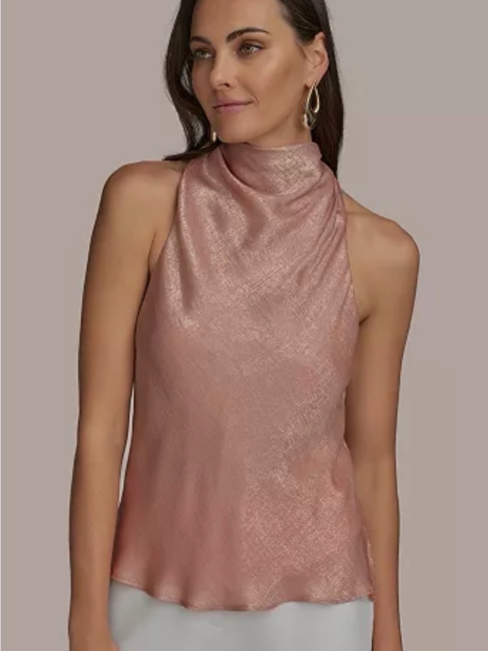 Donna Karan Sleeveless Asymmetrical Metallic Funnel Neck Blouse L
